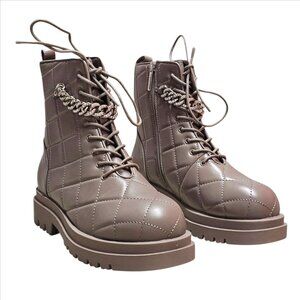 Quilted Faux Leather Lace-Up Combat Boots With Chain Accent Taupe Color